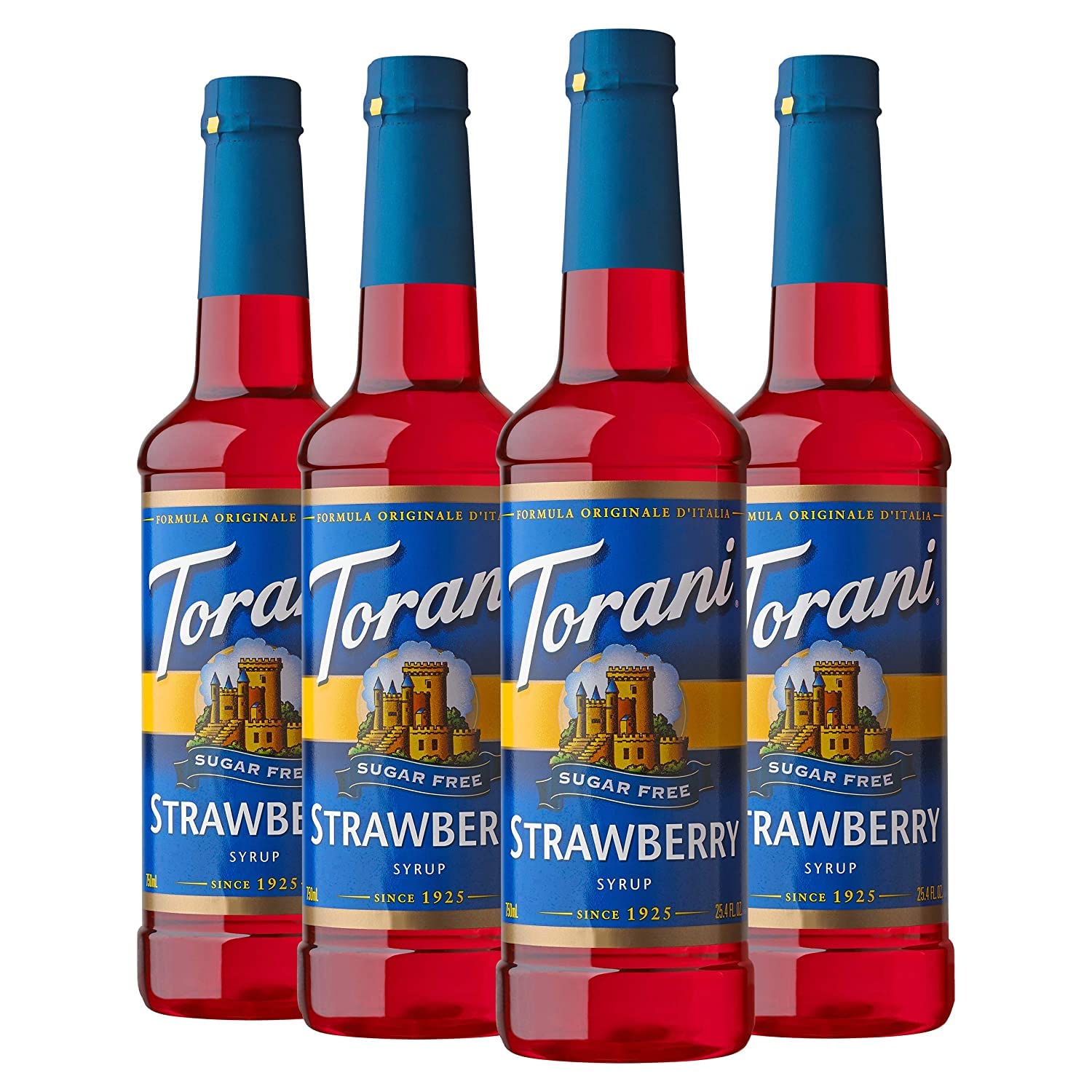 Torani sugar free strawberry front packaging showing four bottles and clear branding for easy stocking