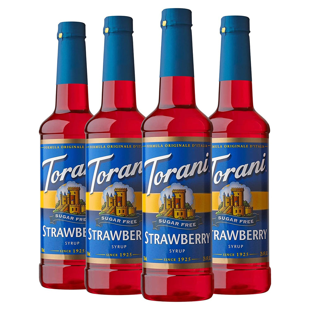 Torani sugar free strawberry front packaging showing four bottles and clear branding for easy stocking