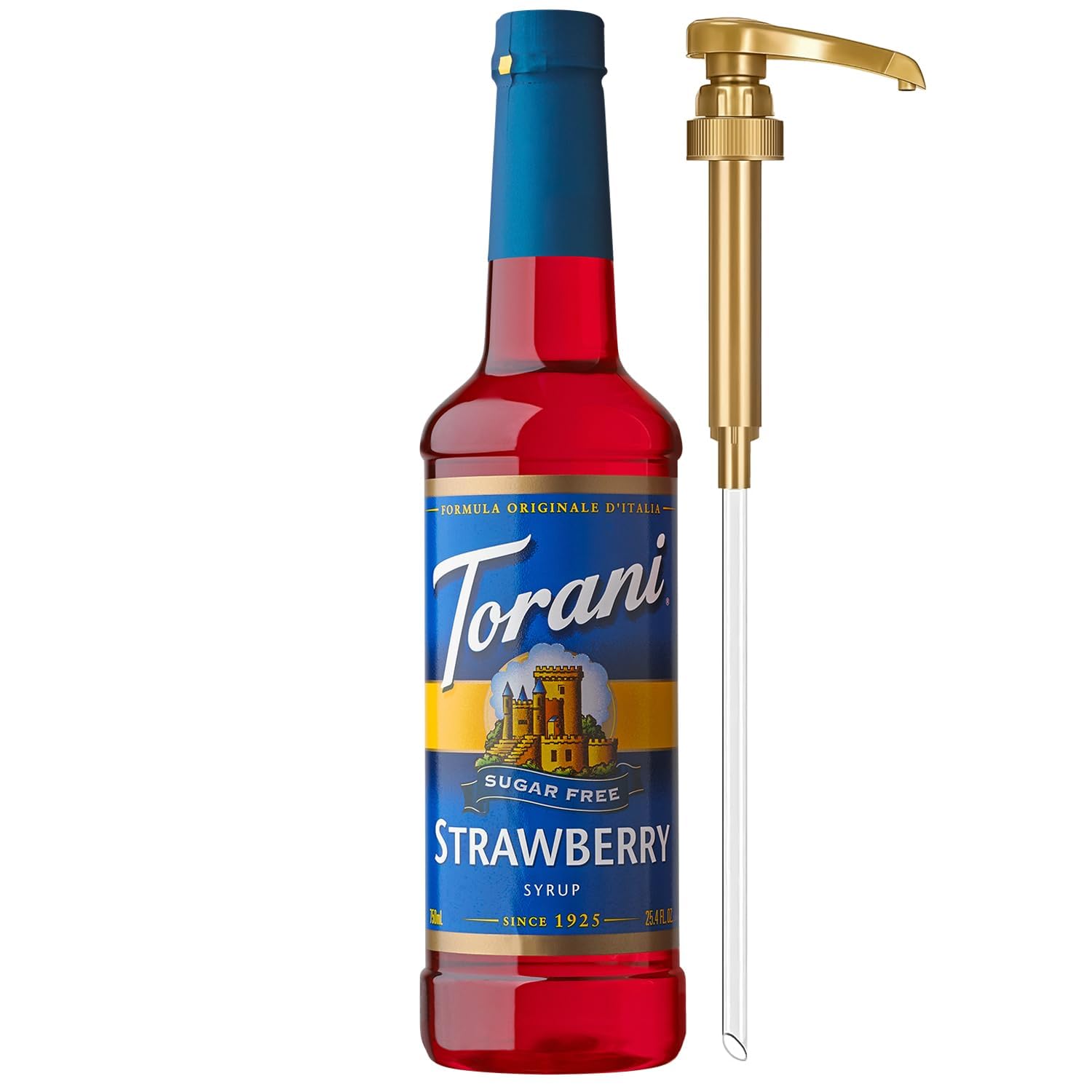Torani front packaging shows bottle and pump, offering convenient sugar-free flavor
