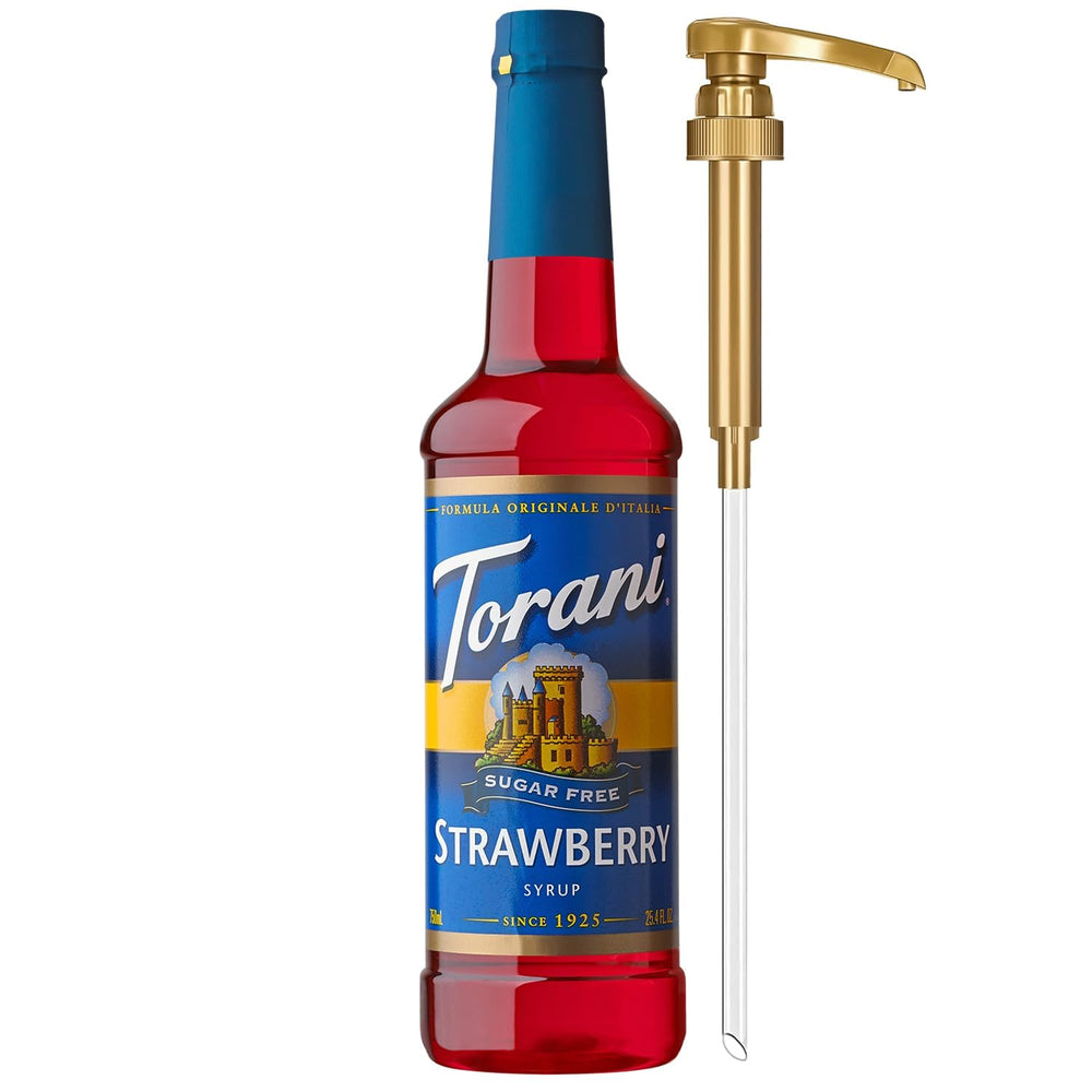 Torani front packaging shows bottle and pump, offering convenient sugar-free flavor
