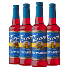 Torani sugar free strawberry front packaging showing four bottles and clear branding for easy stocking