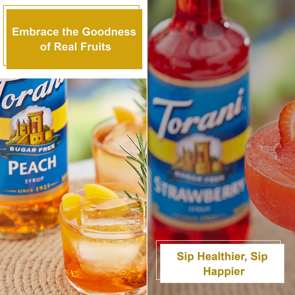 Torani syrup added to iced lemonade showing vibrant color and sugar-free option