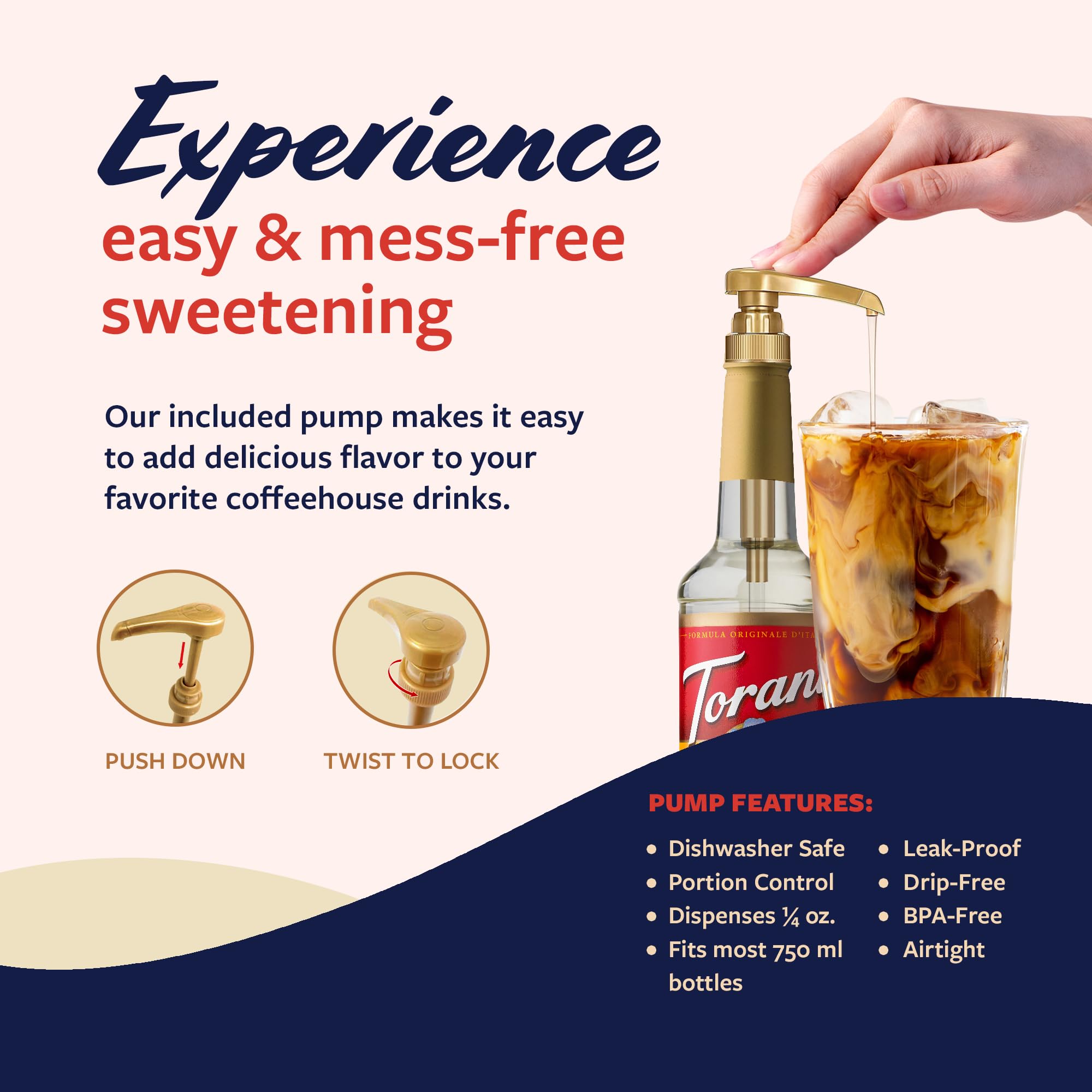 Torani bottles next to a measuring cup demonstrating 750 ml size and value