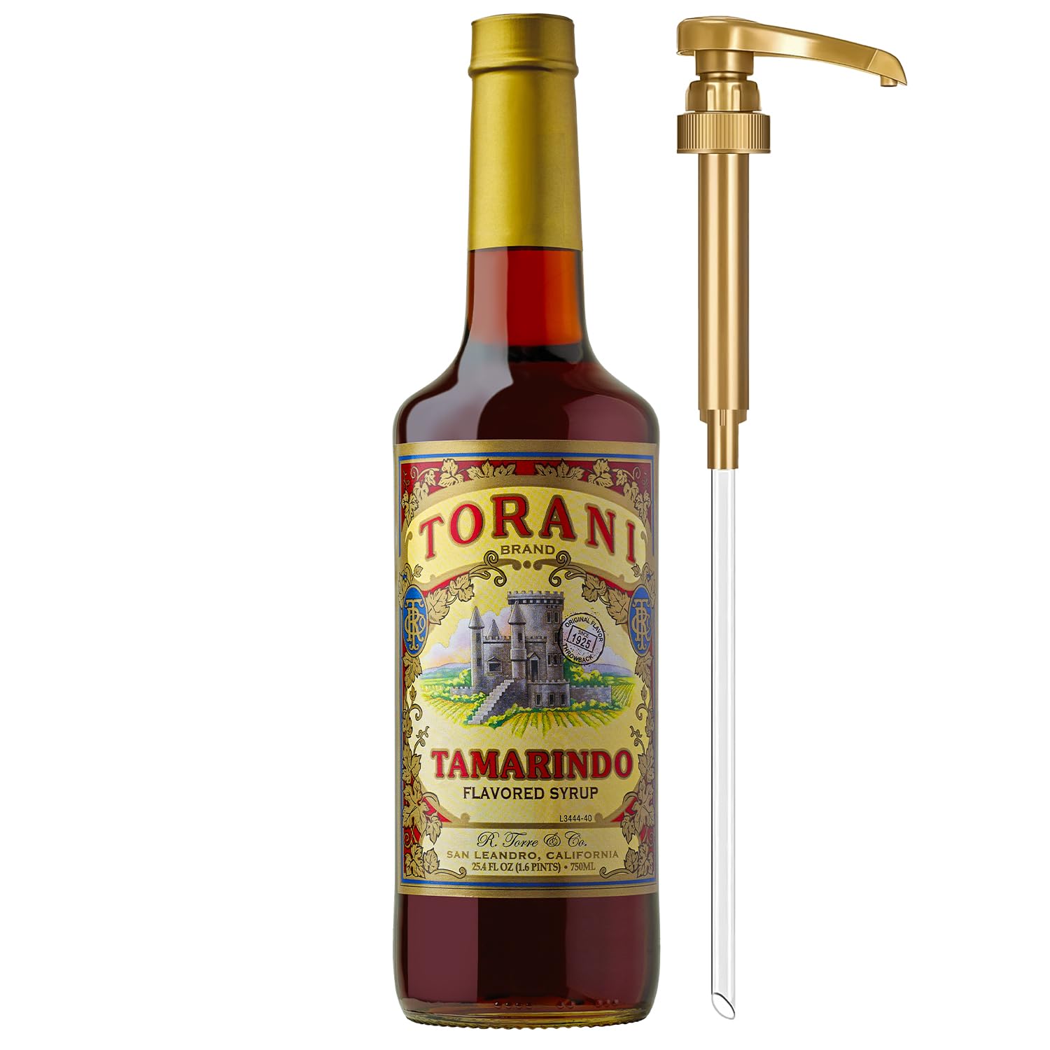 Torani tamarindo front packaging showing 750ml glass bottle and anniversary label for flavor recognition