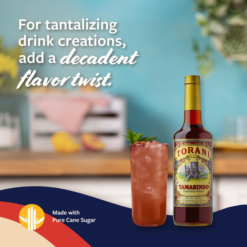 Torani tamarindo syrup mixed in a cocktail glass showing vibrant color and balanced taste