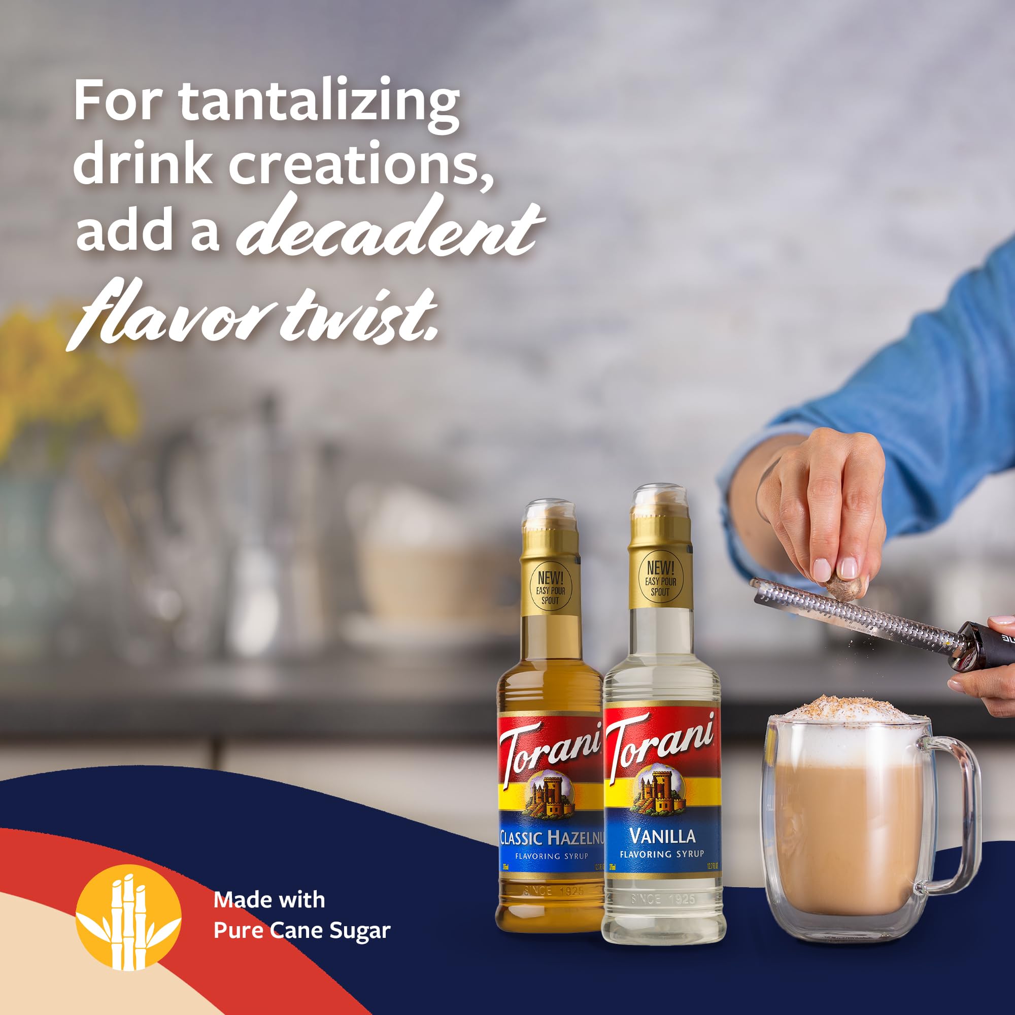 Torani syrup stream close-up highlighting smooth texture and consistent flavor