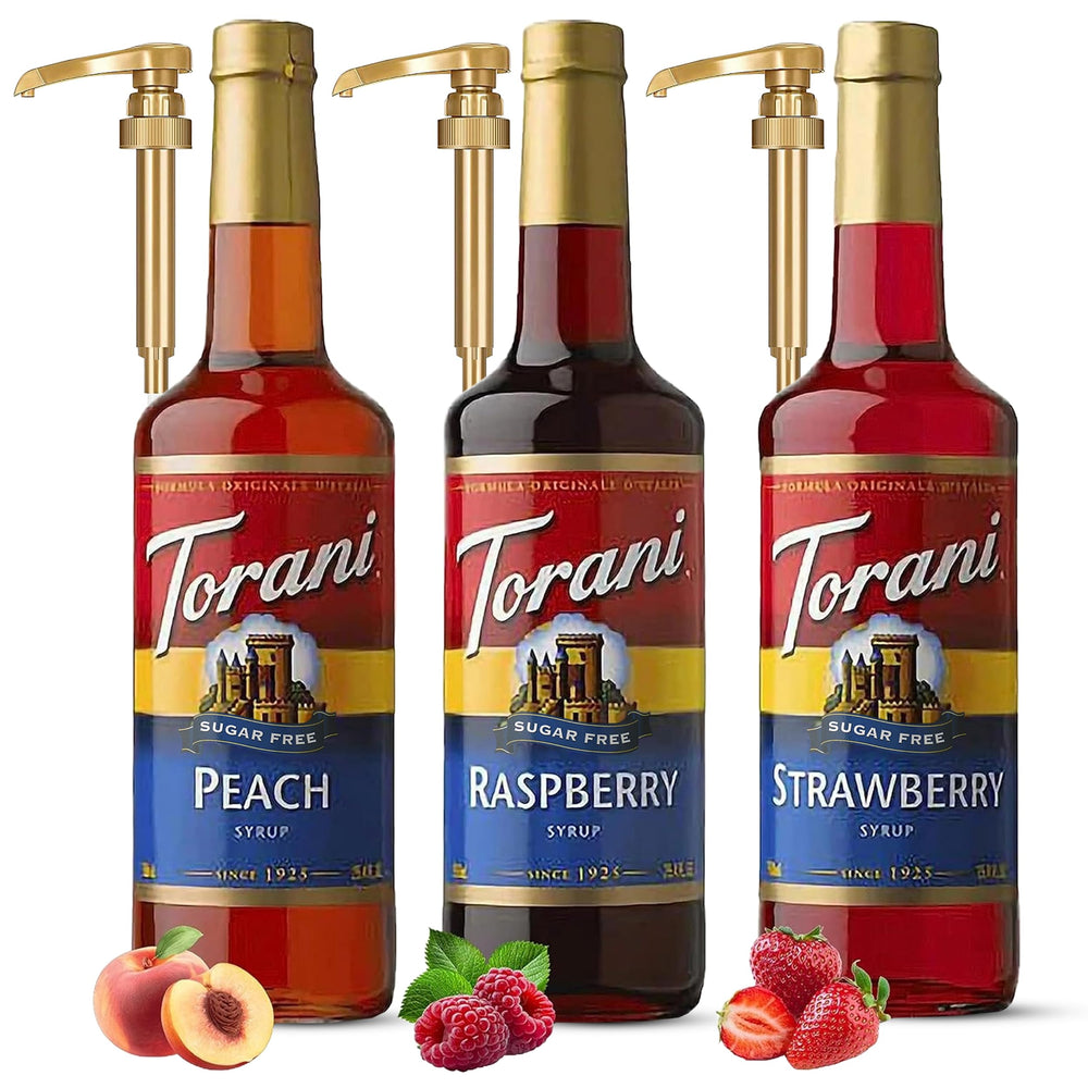 Torani three-bottle pack front view showing labels and pumps for quick selection