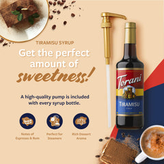 Close-up pour of Torani tiramisu syrup showing smooth texture and rich color benefit