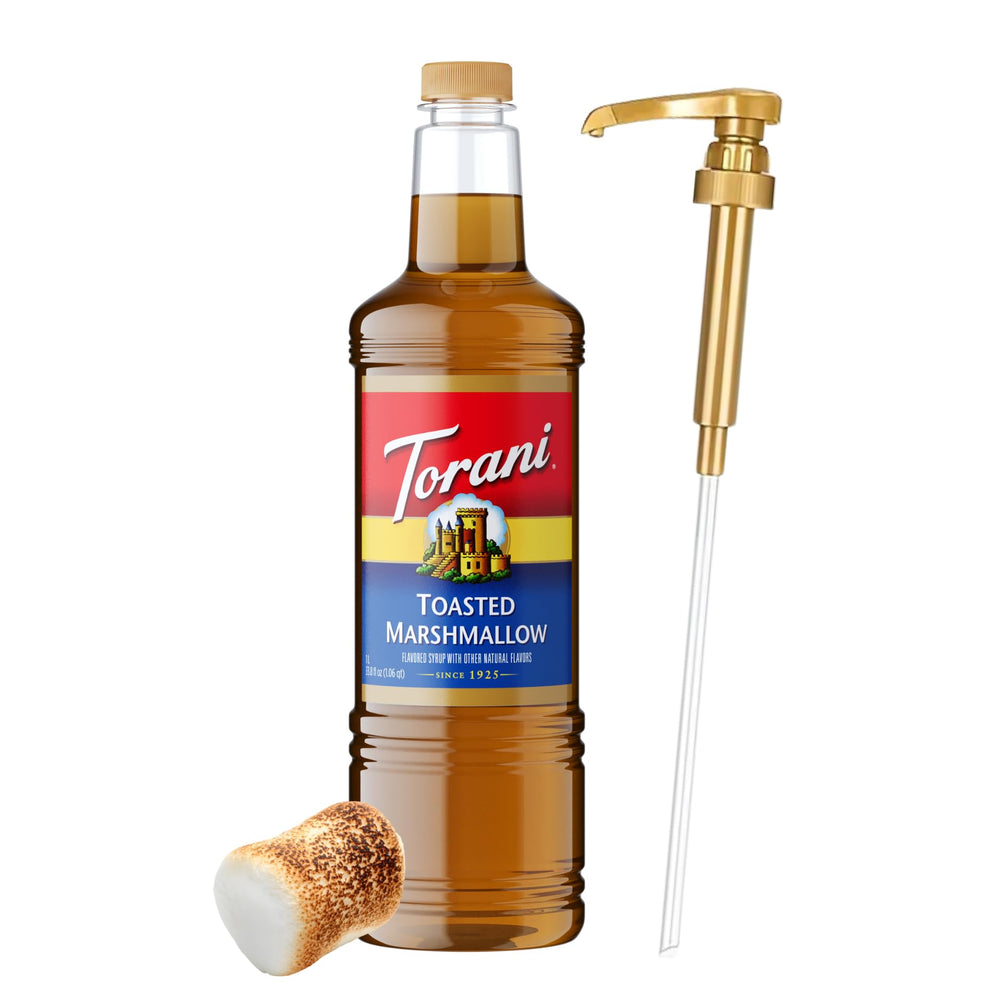 Torani bottle front label showing Toasted Marshmallow flavor and benefits