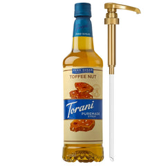 Torani toffee nut front packaging showing bottle and pump, enhances beverage flavor