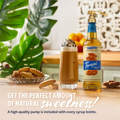 Torani toffee nut poured into coffee, adds rich toffee flavor without sugar