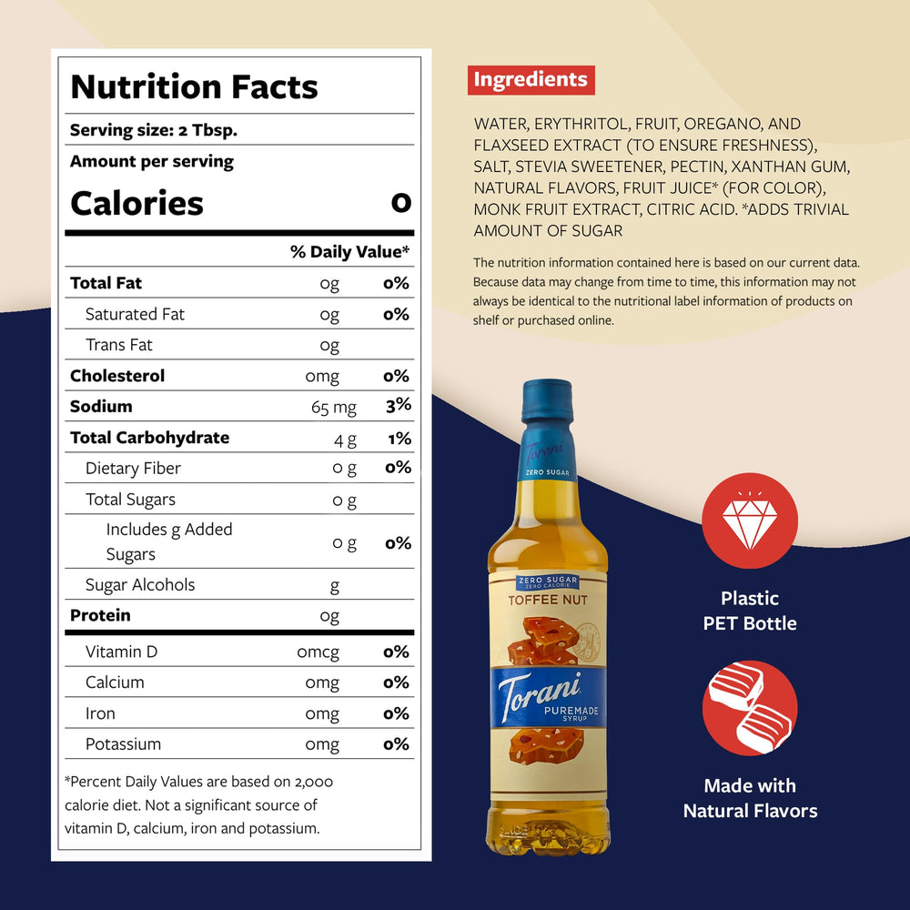 Torani toffee nut pump closeup on bottle, provides precise portion control
