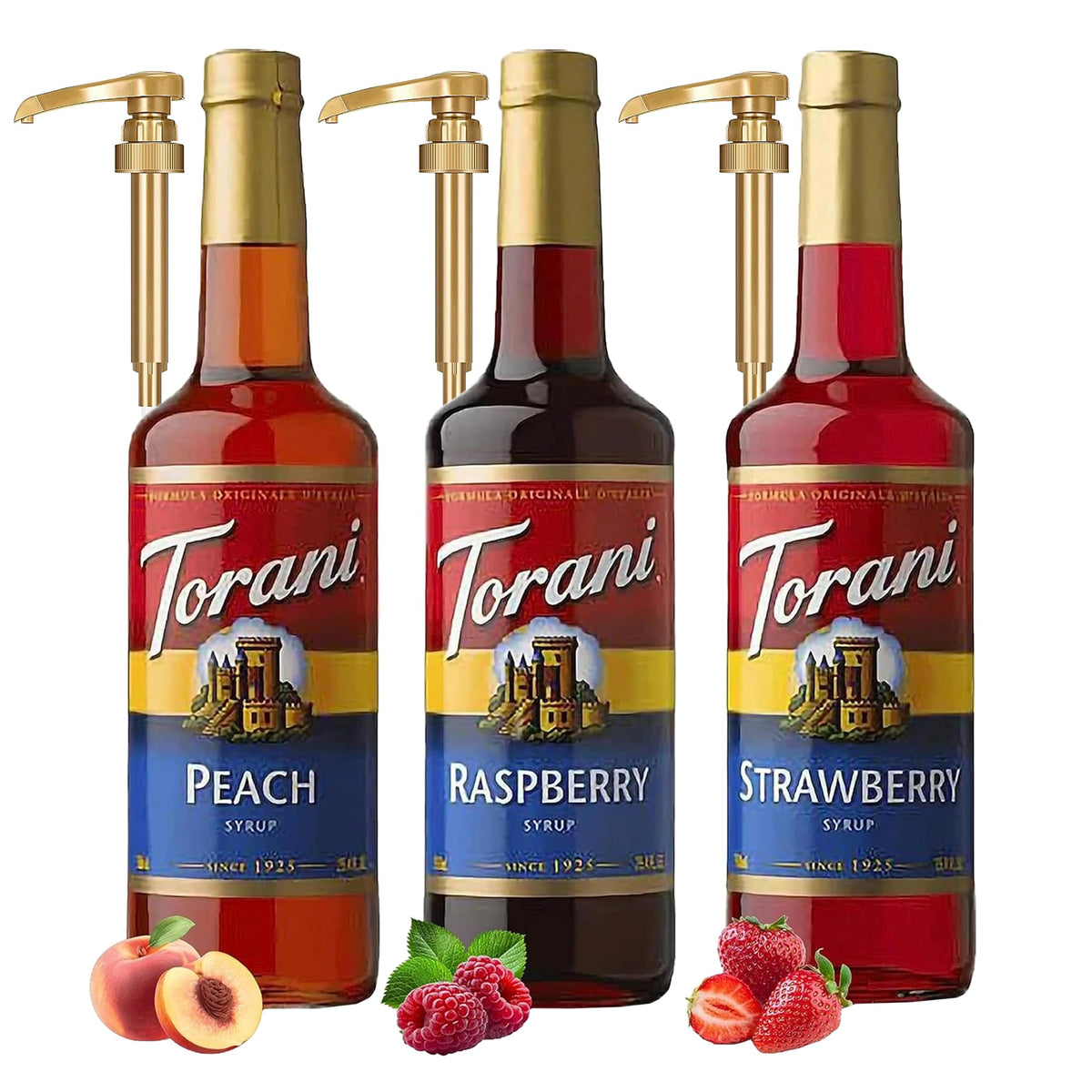 Torani trio front packaging showing all three bottles and labels, clear visual reference