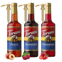 Torani trio front packaging showing all three bottles and labels, clear visual reference