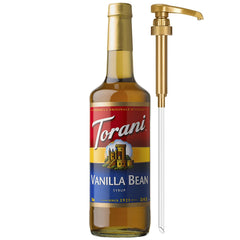 Torani bottle front packaging showing vanilla bean label and volume benefit