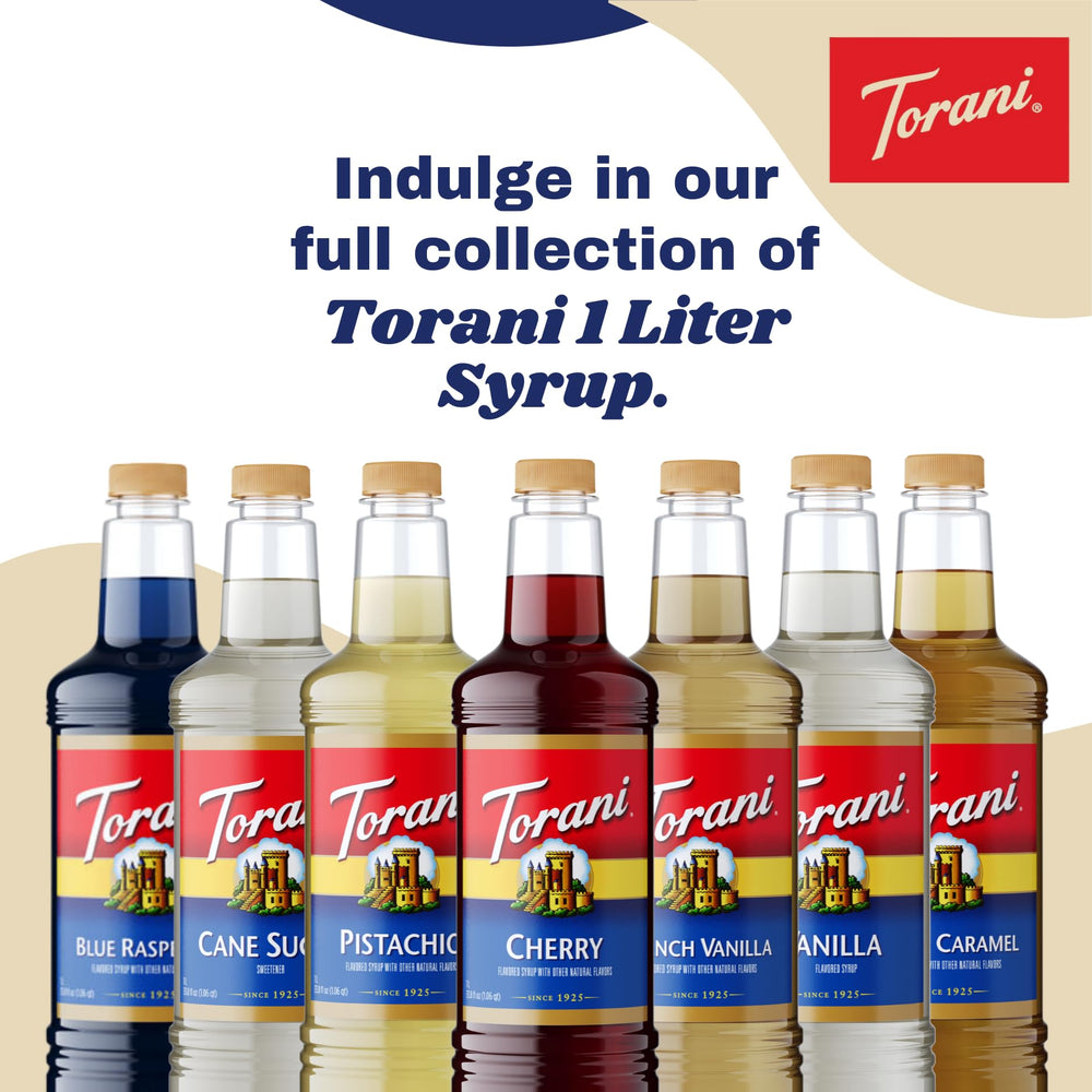Torani bottle on a coffee station showing professional setup and fast beverage service