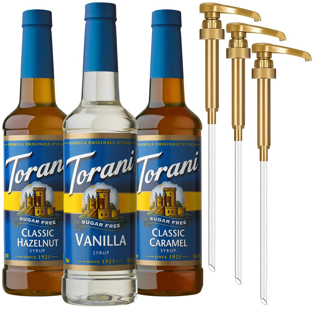 Torani vanilla syrup bottle front showing clean label and flavor benefit
