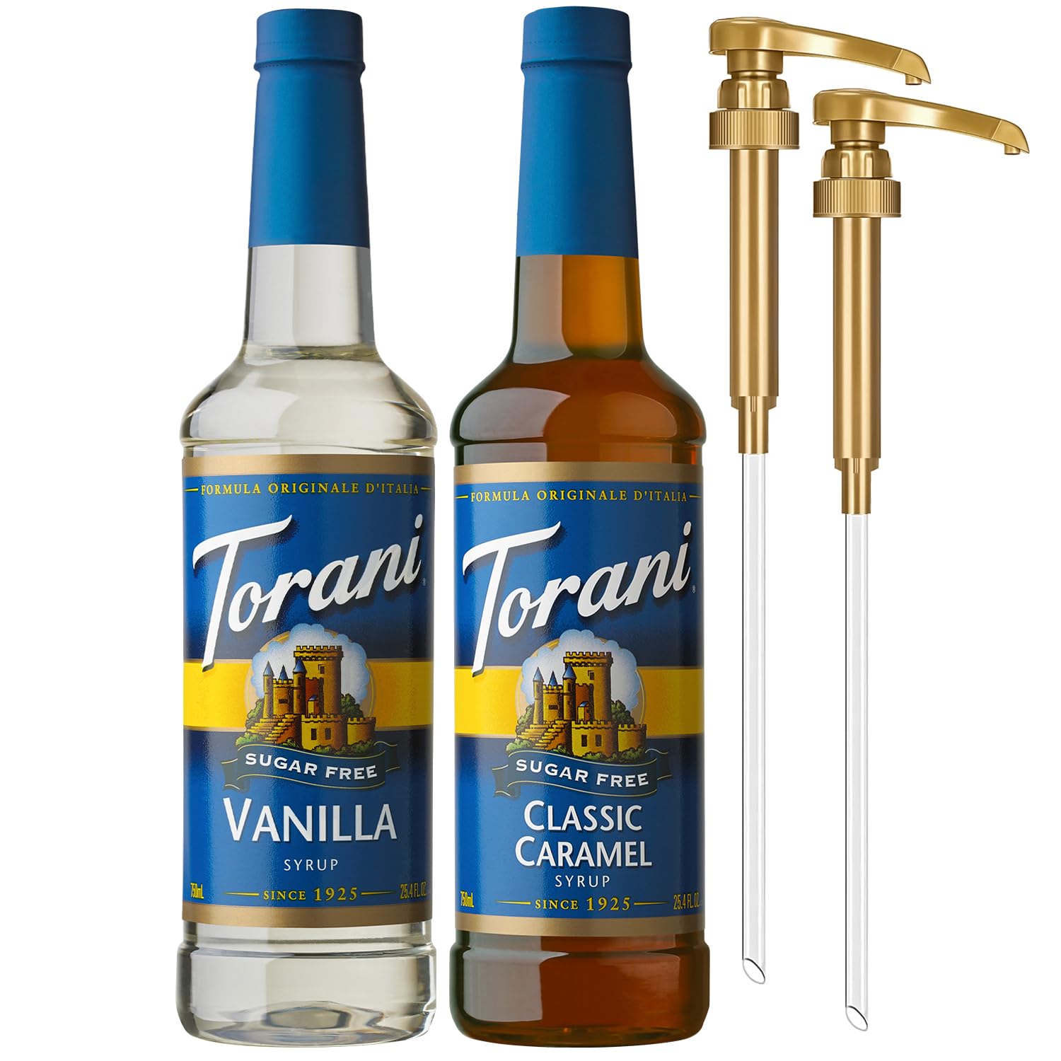 Torani two-bottle front packaging showing Sugar Free Vanilla and Classic Caramel benefits