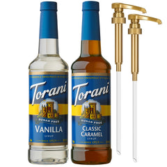 Torani two-bottle front packaging showing Sugar Free Vanilla and Classic Caramel benefits