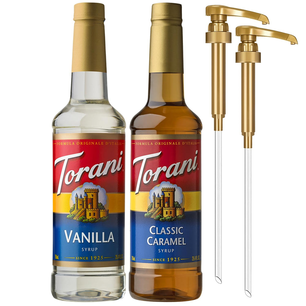 Torani front packaging showing both bottles and pumps for easy pouring benefit