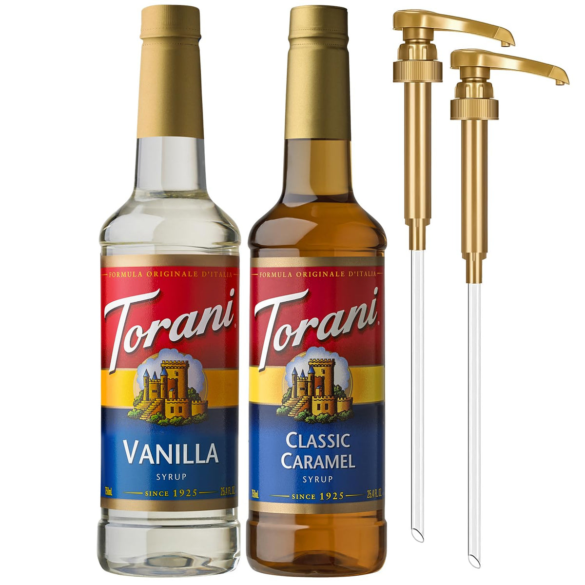 Torani front packaging showing both bottles and pumps for easy pouring benefit