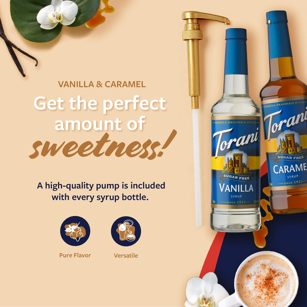 Torani vanilla bottle label close-up, brand clarity and natural flavor cues