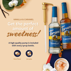 Torani vanilla bottle label close-up, brand clarity and natural flavor cues