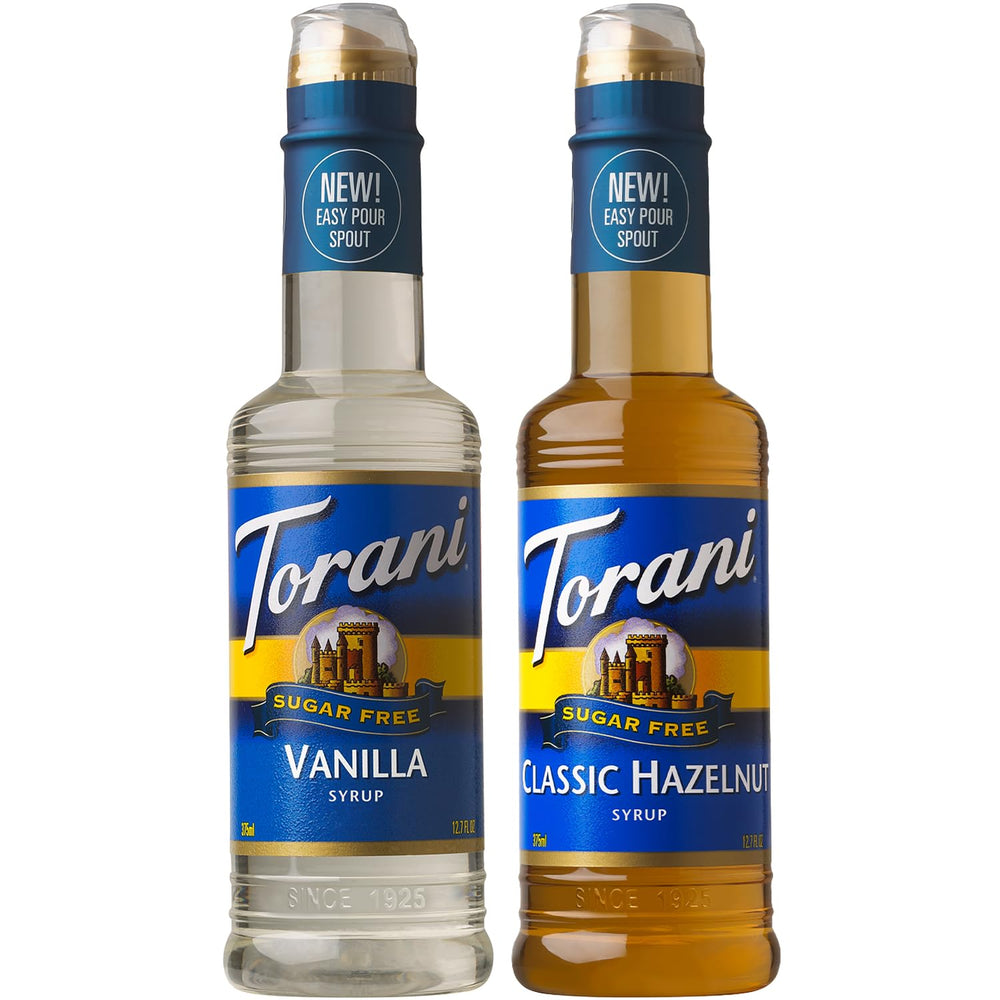 Torani front packaging showing both sugar-free vanilla and hazelnut for versatile flavoring