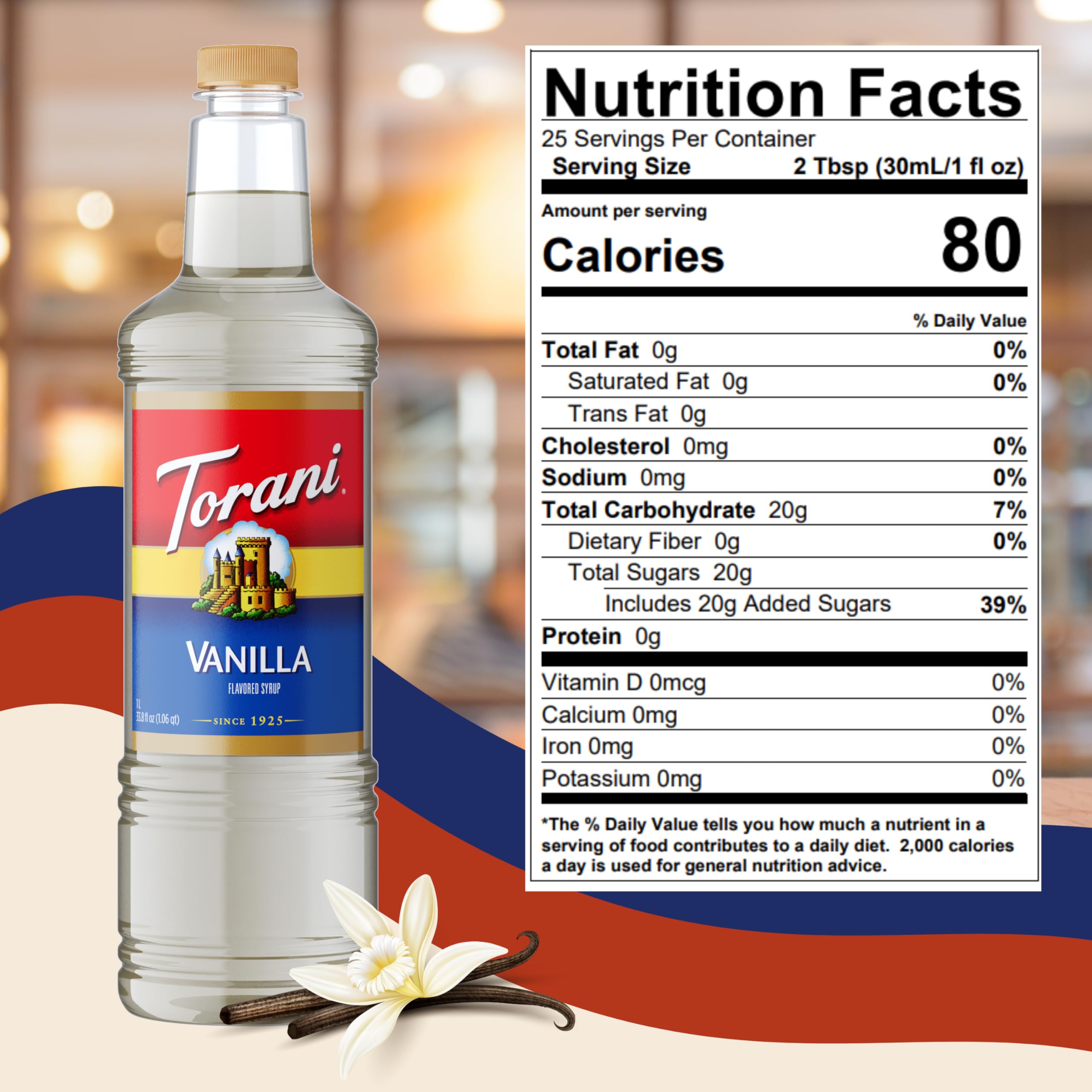 Stream of Torani syrup pouring from pump showing precise, mess-free portion control