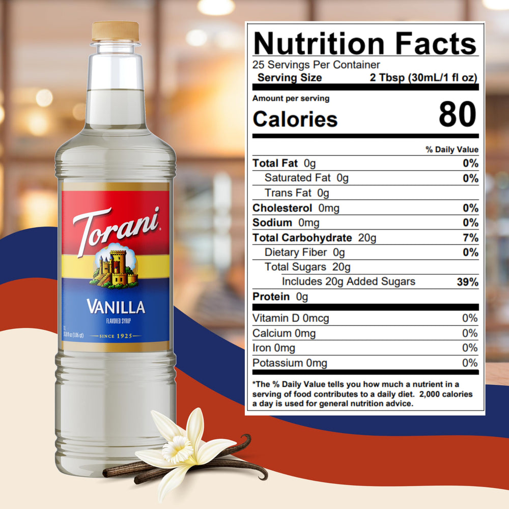 Stream of Torani syrup pouring from pump showing precise, mess-free portion control