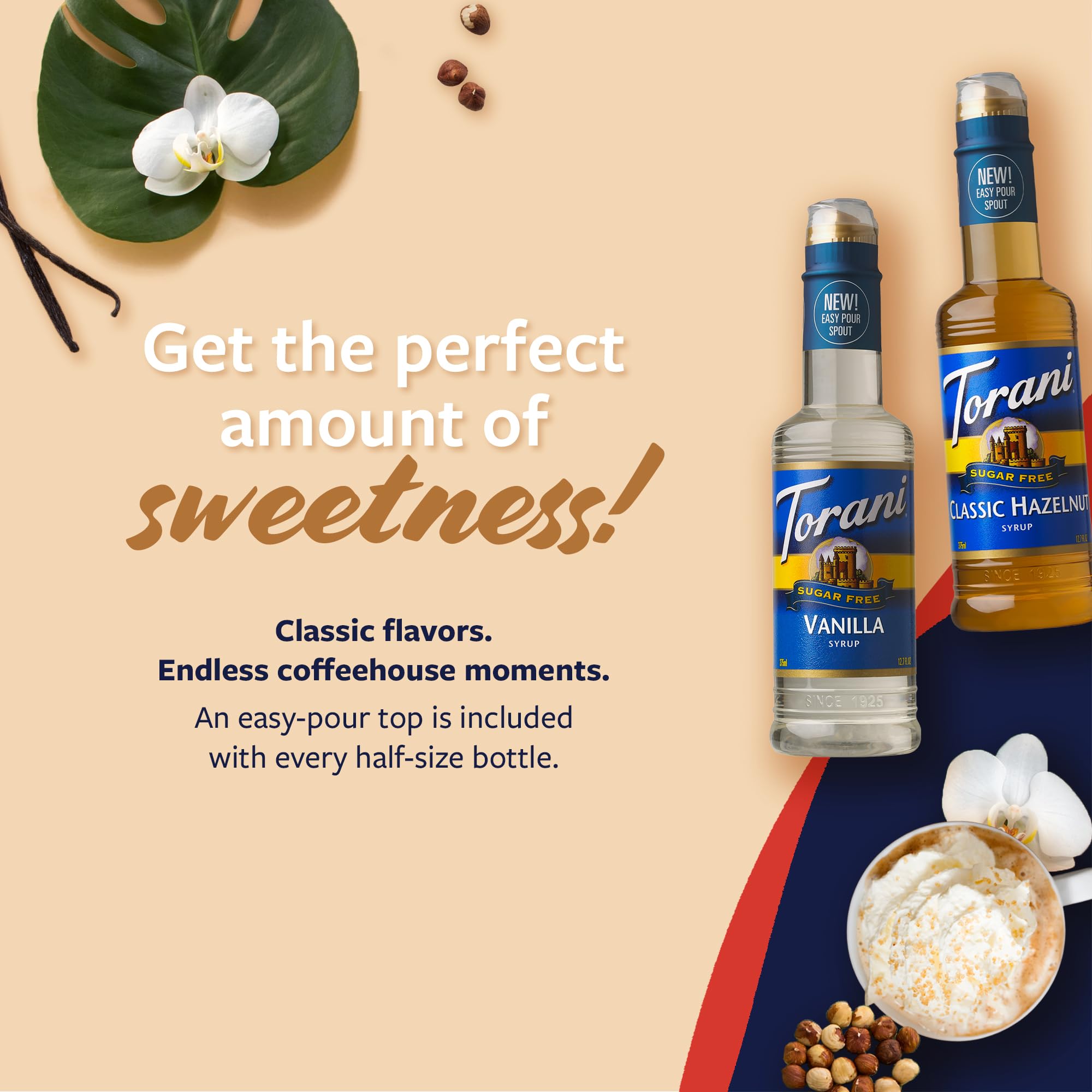 Torani vanilla syrup swirling into coffee to add rich flavor without sugar
