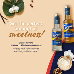 Torani vanilla syrup swirling into coffee to add rich flavor without sugar