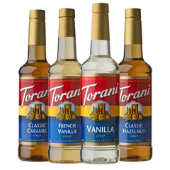 Torani variety pack front packaging showing four bottles and flavor labels benefit quick selection