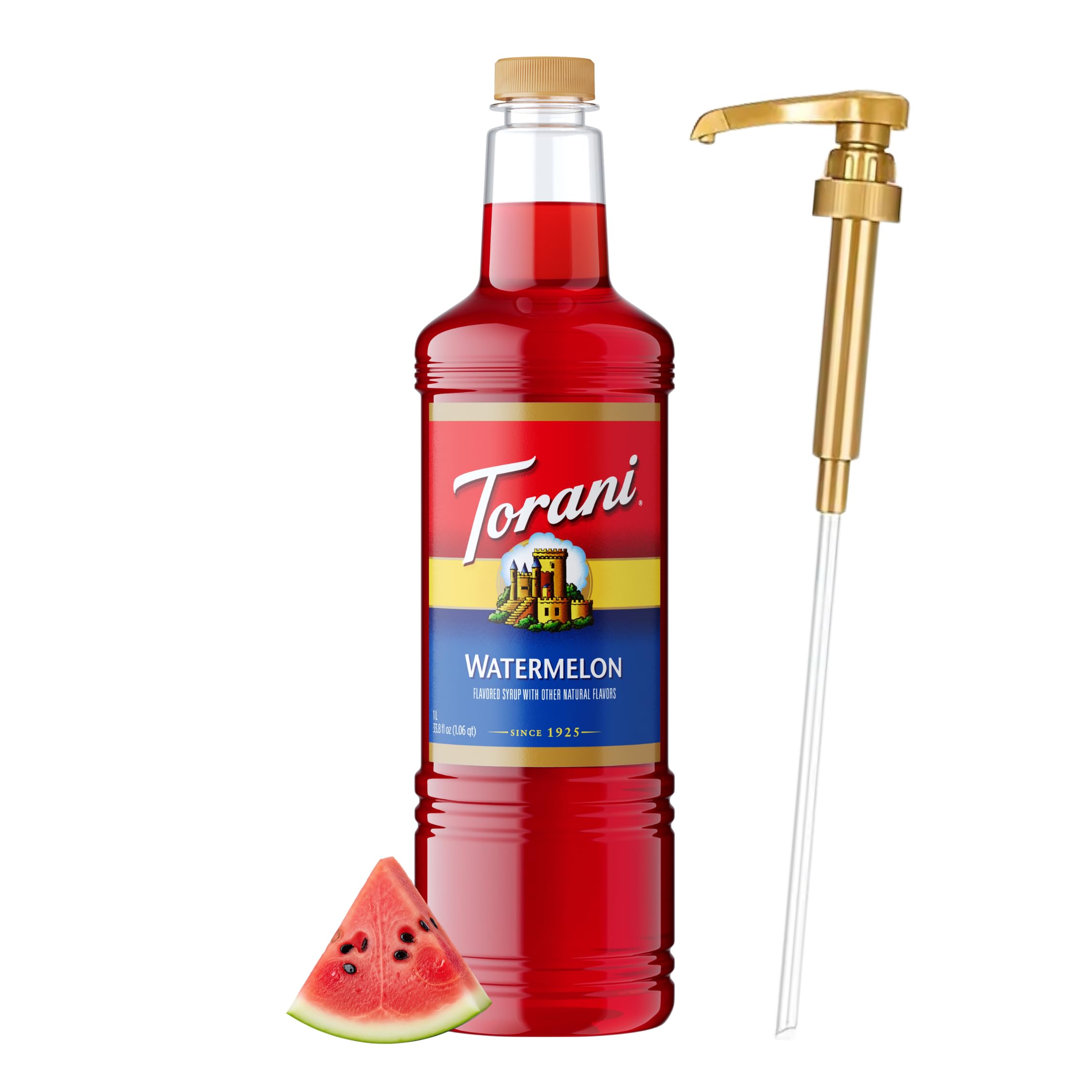 Torani watermelon bottle front view showing bright pink syrup and label, easy visual appeal