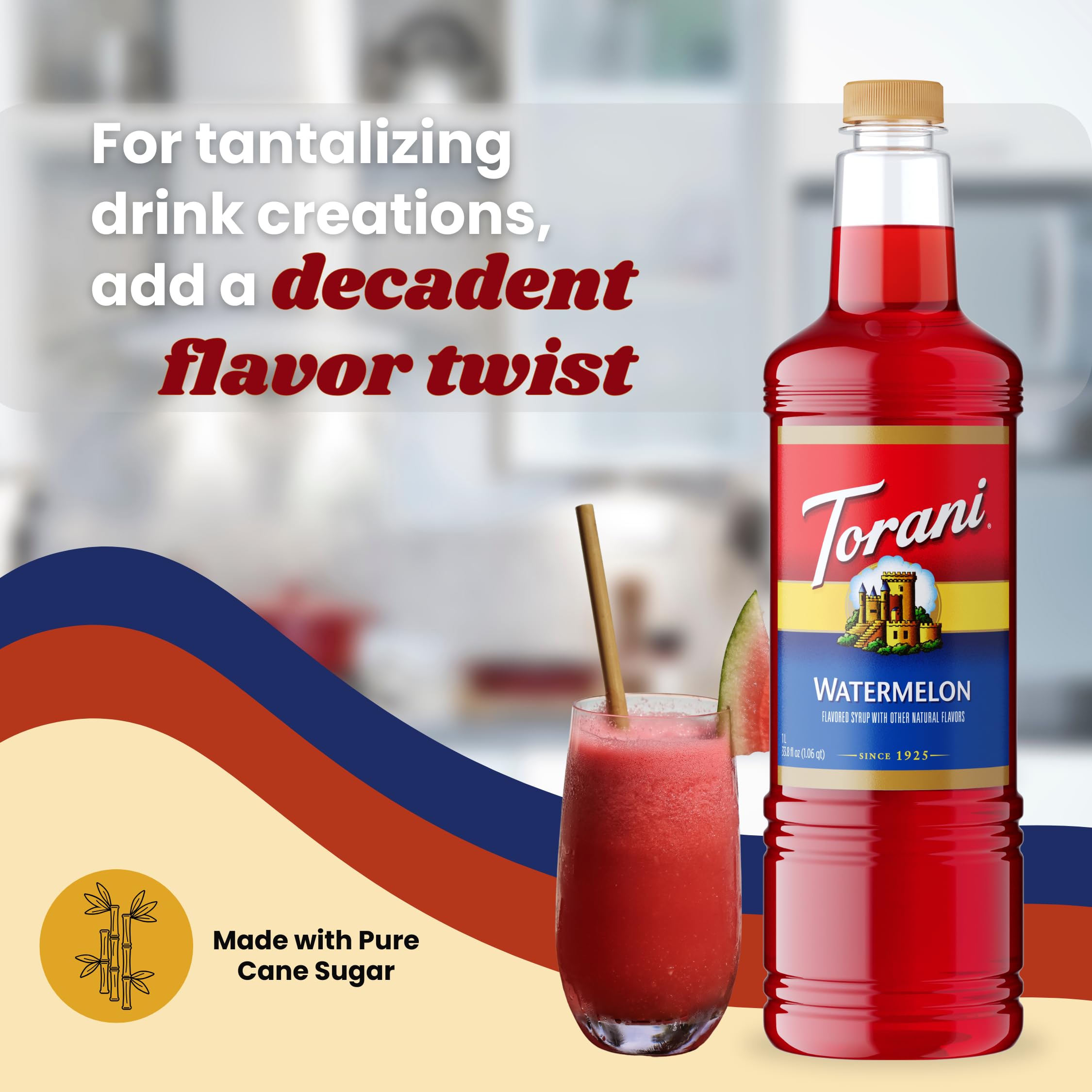 Torani watermelon iced lemonade served with ice, offering refreshing summer beverage option