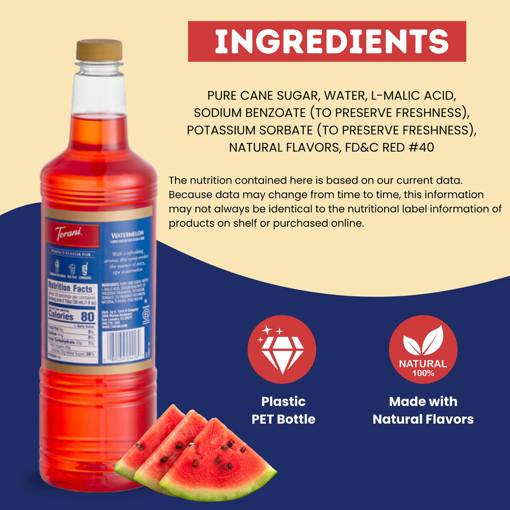 Torani watermelon syrup paired with fresh mint garnish, enhancing aroma and drink balance