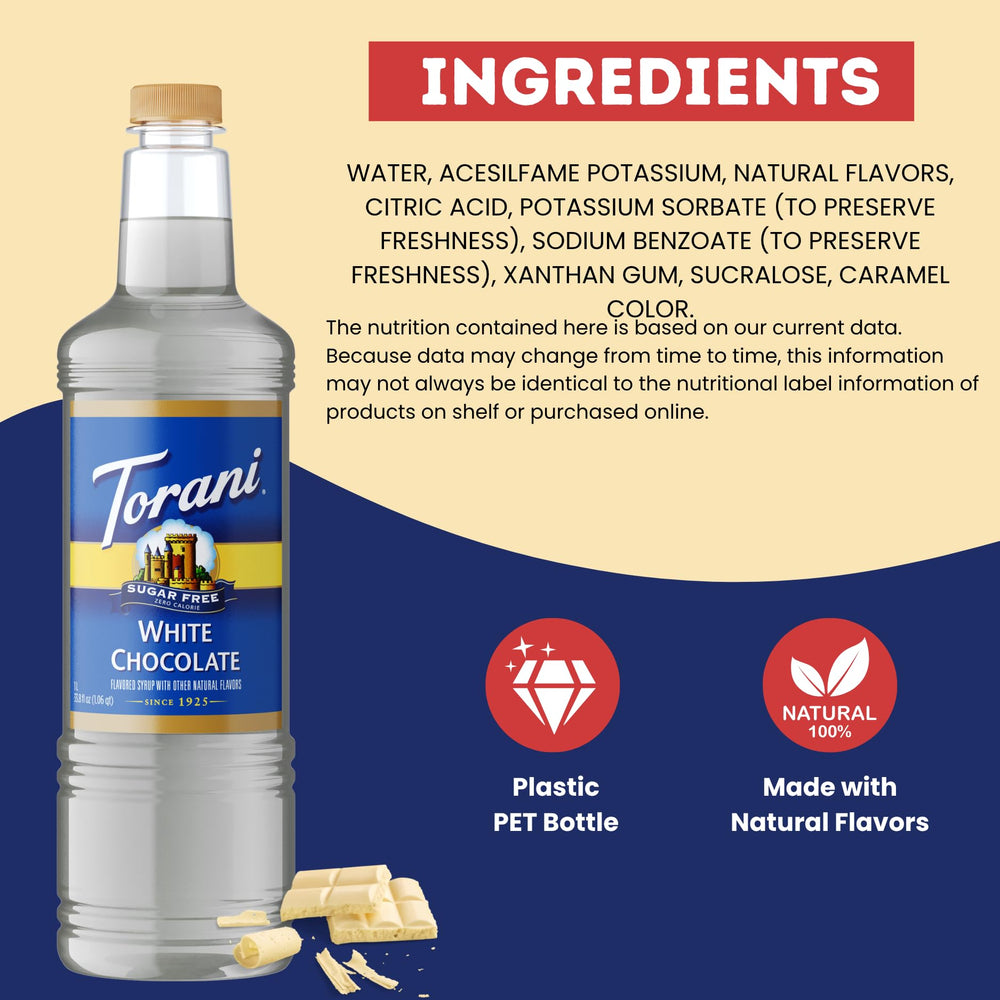 Torani white chocolate bottle next to a cup to show 1L scale and value benefit