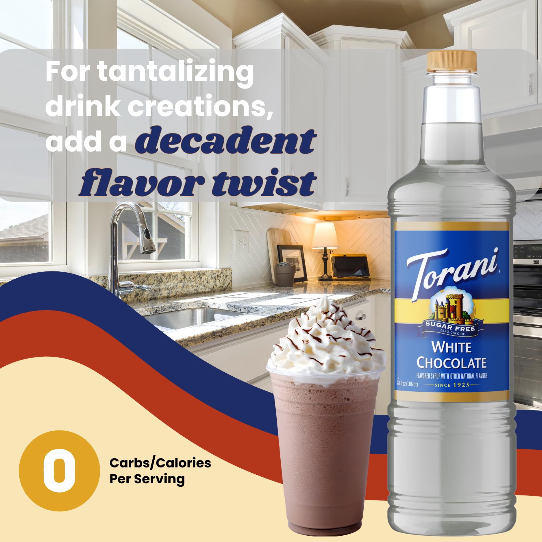 Torani white chocolate close-up of label and texture for ingredient clarity benefit