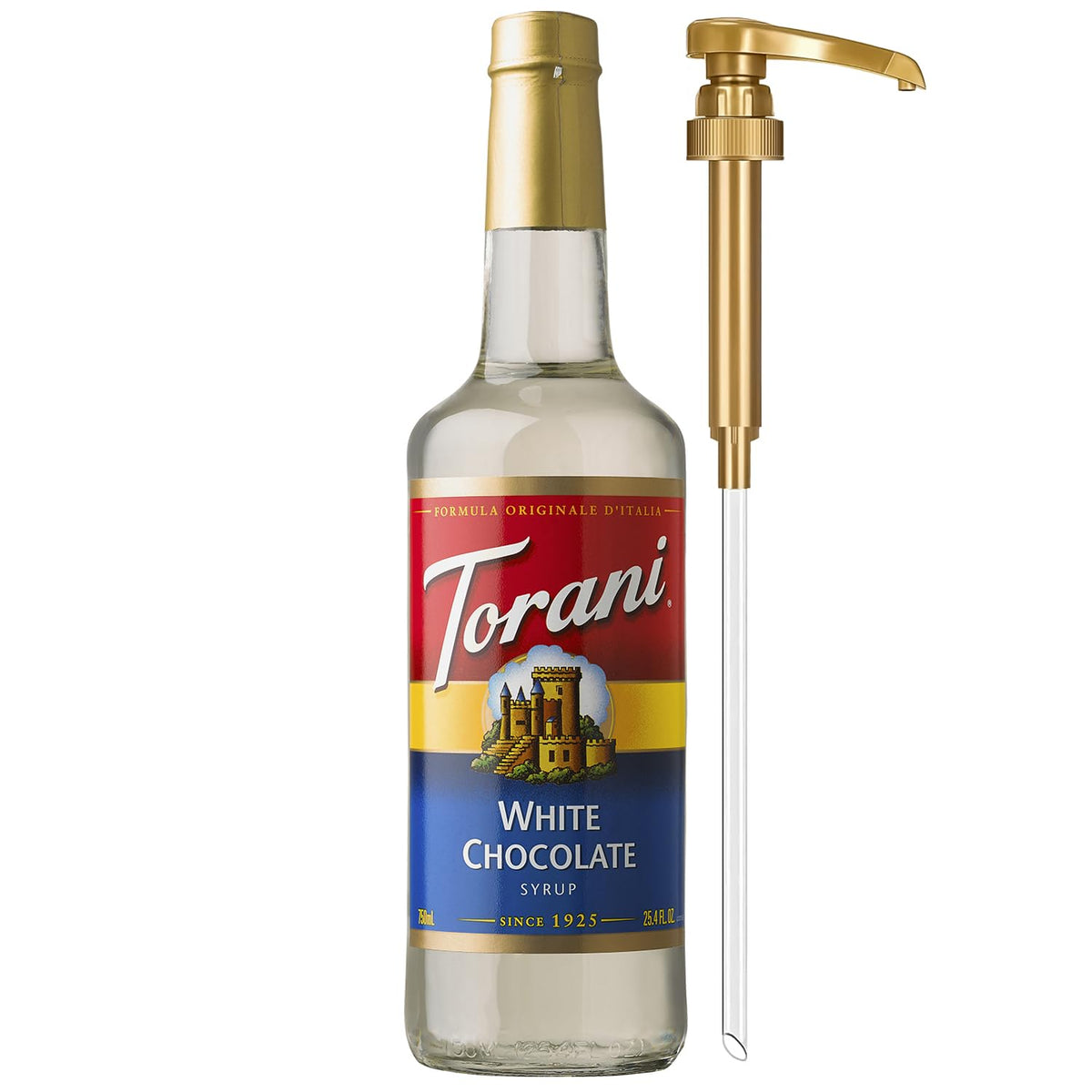 Torani white chocolate front bottle showing branding and pump included benefit