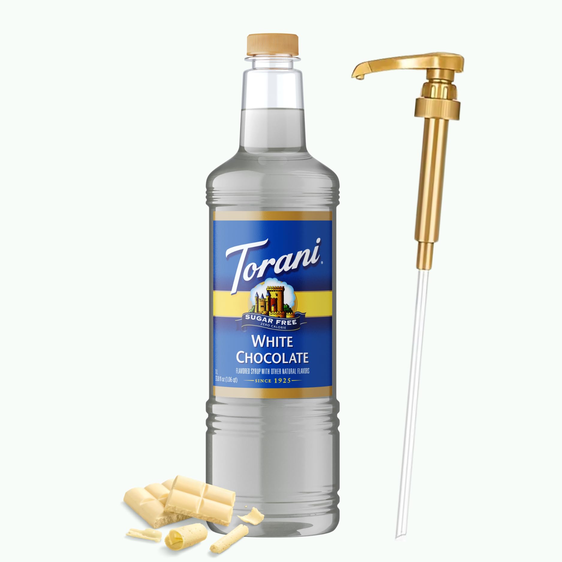 Torani white chocolate front packaging showing label and 1L bottle benefit