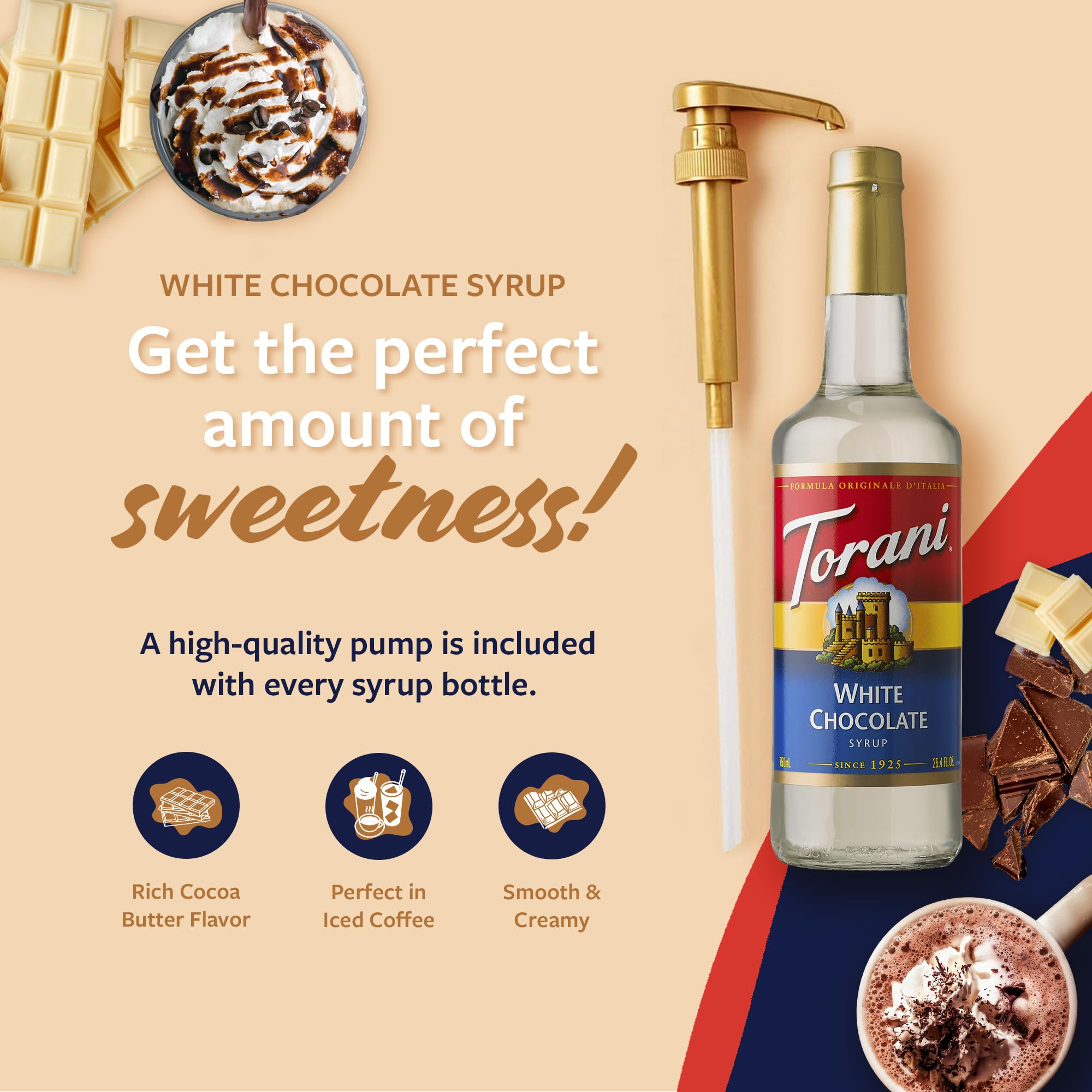 Torani label detail highlighting white chocolate flavor and ingredient clarity benefit