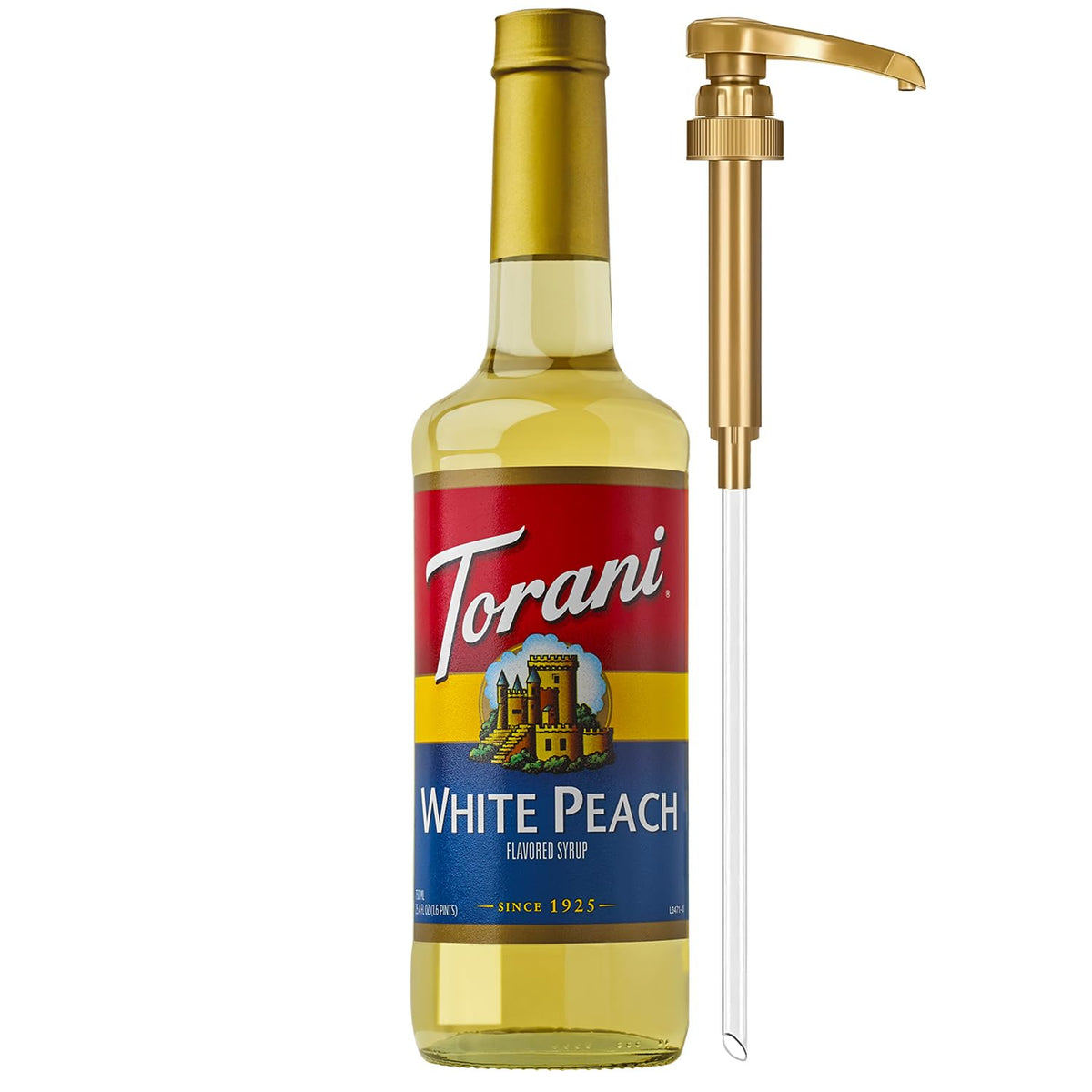 Torani white peach front bottle showing full label and glass packaging benefit consistency