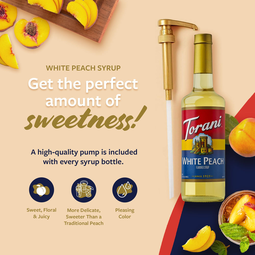 Torani white peach poured into iced tea highlighting bright flavor in cold drinks