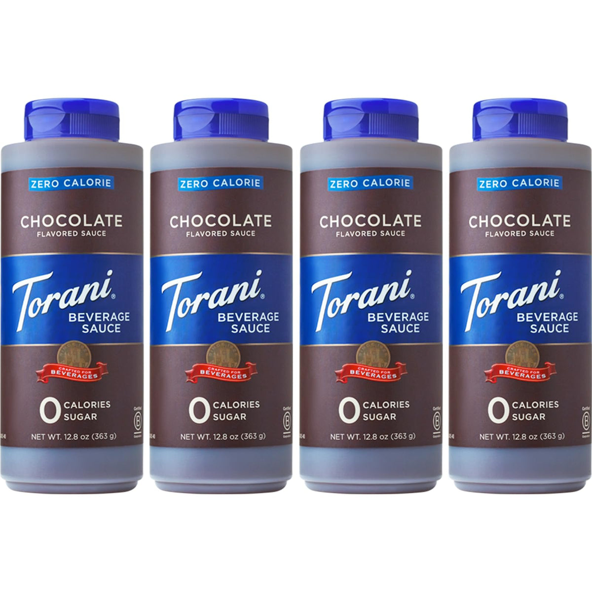 Torani bottle front packaging showing label and size for quick identification and convenience