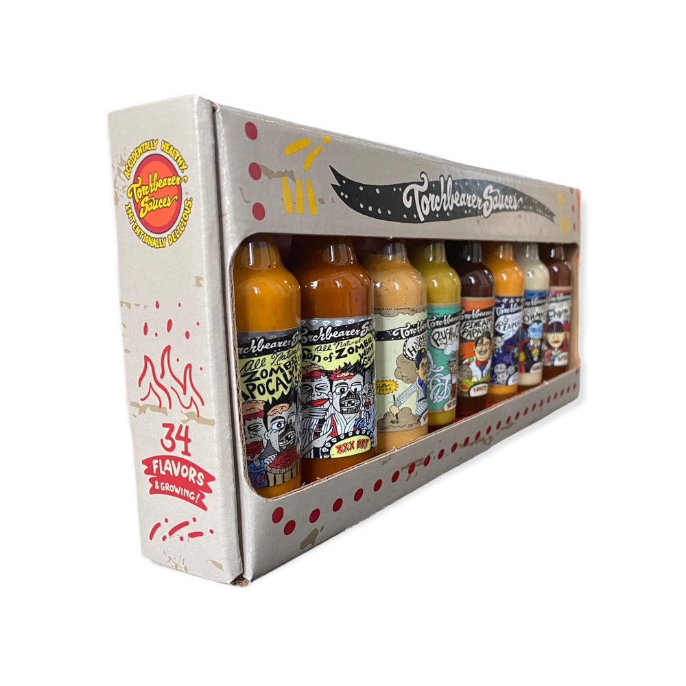 torchbearer sauces each bottle lined up showing labels for sampling convenience