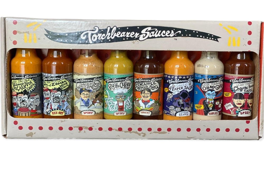 torchbearer sauces front packaging gift box showing eight mini bottles and variety