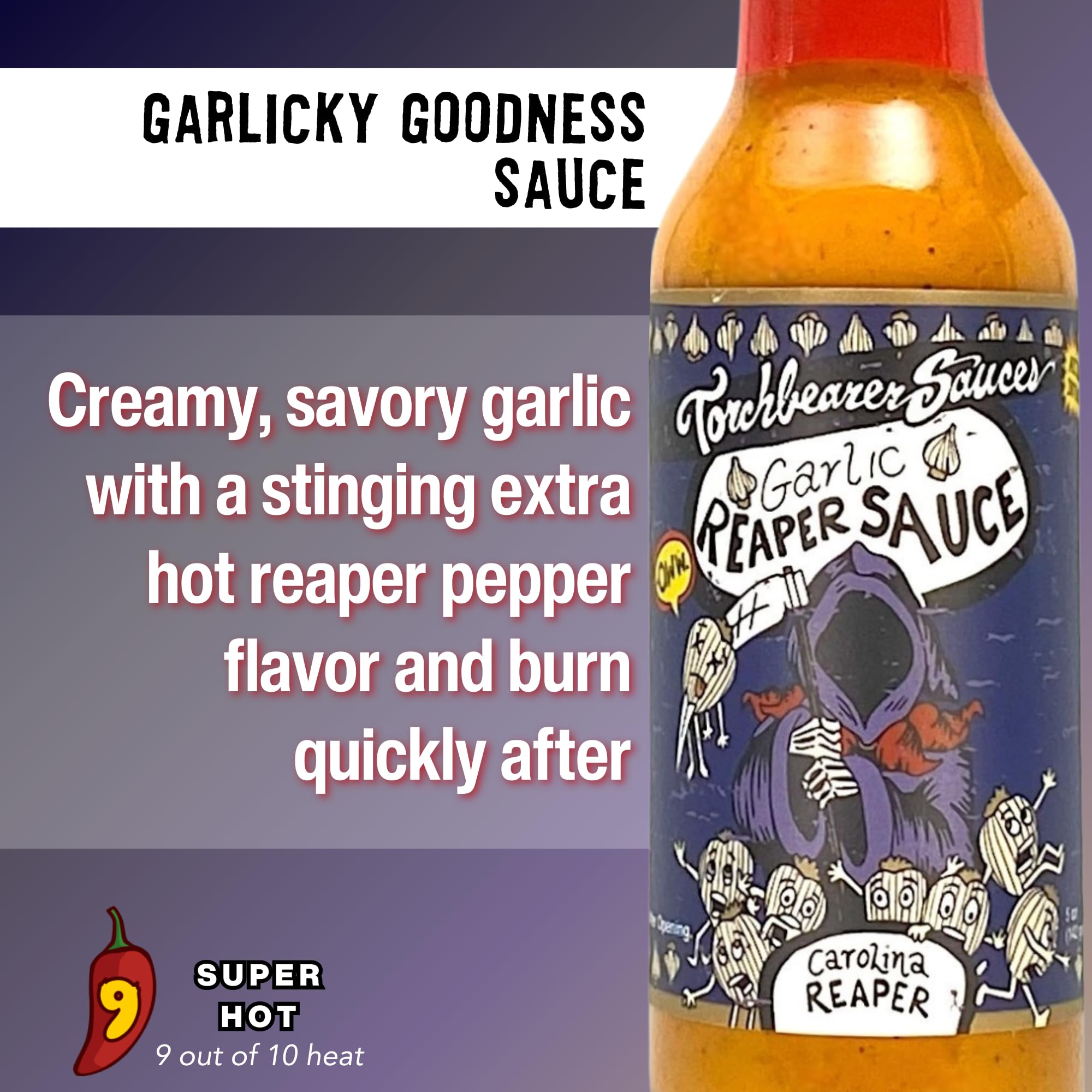 Torchbearer Sauces Garlic Reaper bottle close-up highlighting label and cap for clarity
