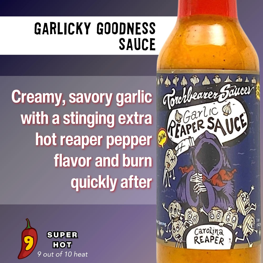 Torchbearer Sauces Garlic Reaper bottle close-up highlighting label and cap for clarity