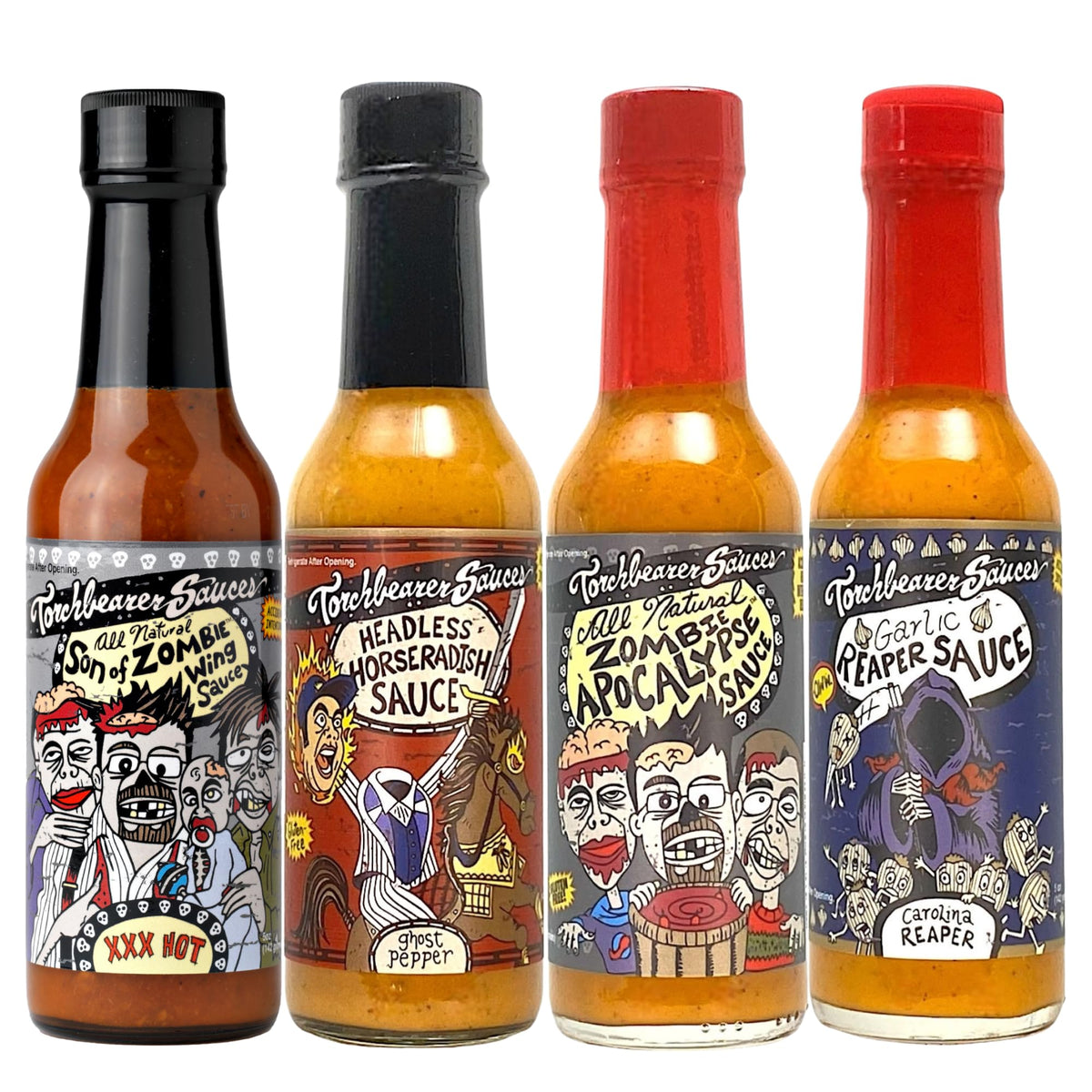 torchbearer sauces pack front view showing all four bottles and bold branding