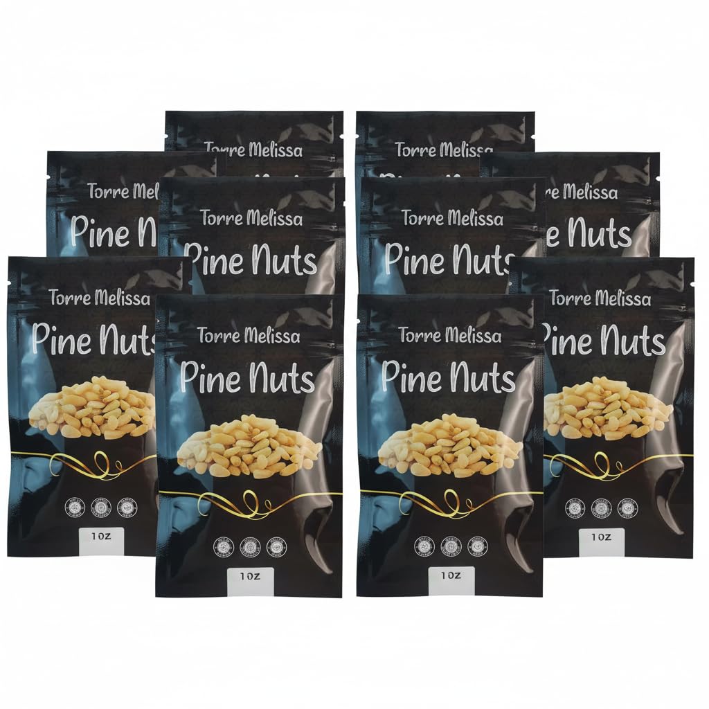 Torre Melissa front packaging showing ten 1oz pine nut pouches for freshness